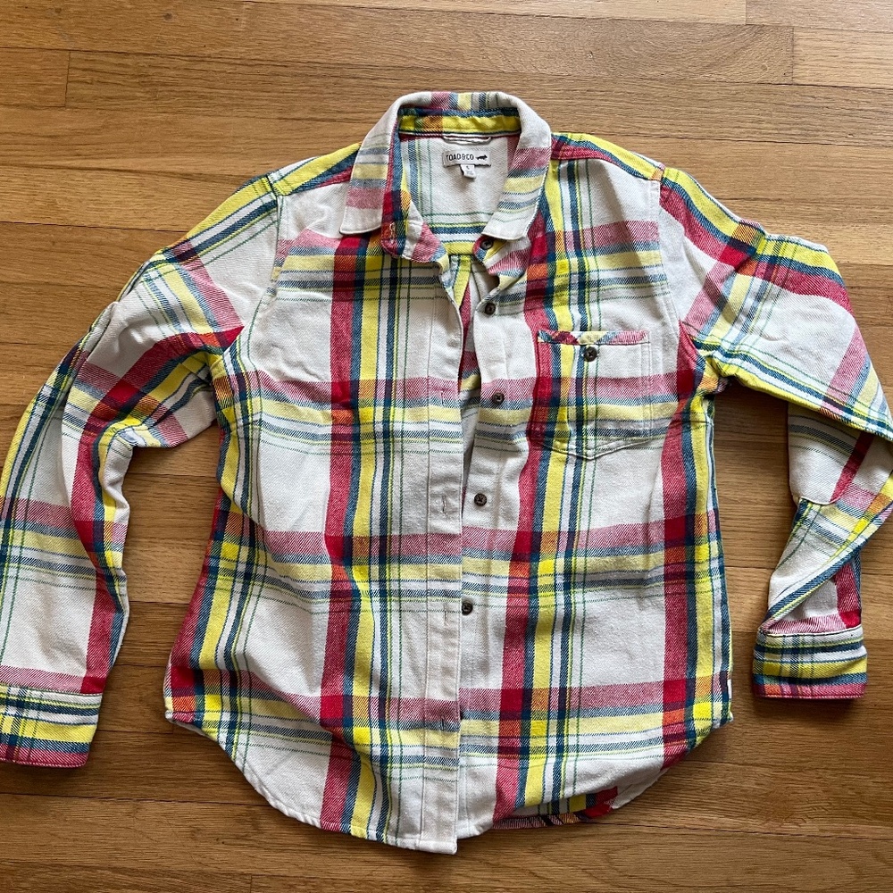 Toad & Co Platitude Flannel Shirt Yellow Blue Red Plaid Small
